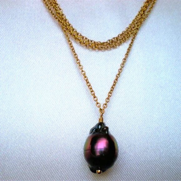 Samira 13 18K Gold Tahitian Black Baroque Pearl Pendant Necklace Chain $1310 - Picture 9 of 9